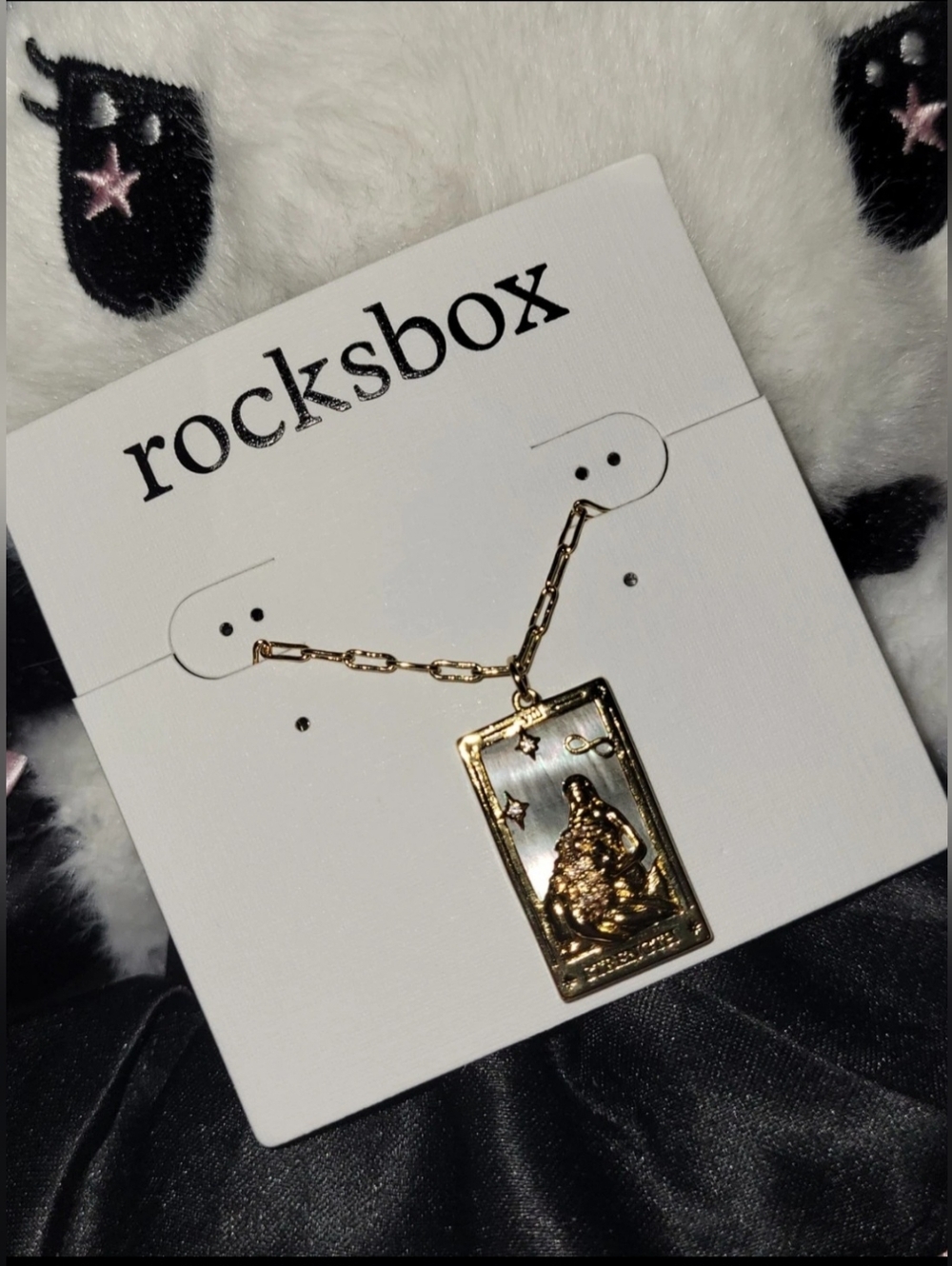 Rocksbox "Strength" Tarot Card Pendant 14k Gold Plate 20"+2' Extender CZ Amulet